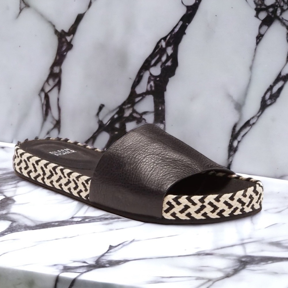 Eileen Fisher Pear Sandals 7 Slides Black + White Molded Leather Footbed NIB - Picture 1 of 14